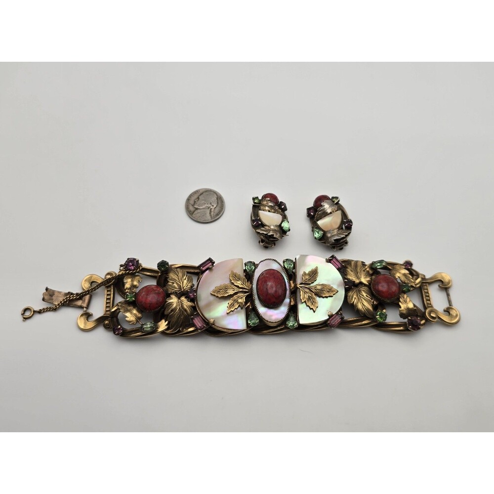 Schiaparelli Bracelet & Earring Set – c.1950 – Mother of Pearl & Art Glass. RARE
